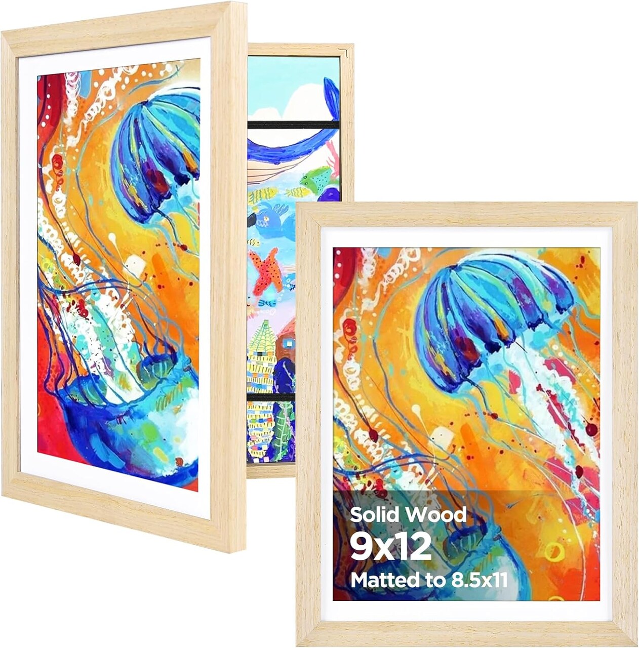 2-Pack 9x12 Kids Art Frame Set – Solid Wood Front-Opening Picture Frames with Storage for 50–150 Artwork Pieces, Display & Protect Kids’ Drawings and Photos